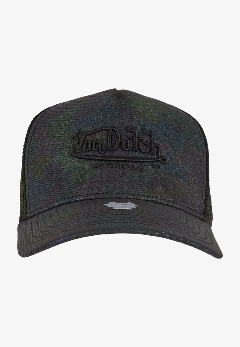Black camouflage cap made of fabric with a mesh back. Features raised black logo stitching on the front and a flat, curved brim.