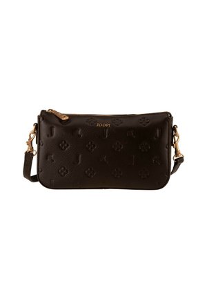 Bolso bandolera Joop! de color marrón oscuro, con motivos florales y letras en relieve, herrajes dorados, cierre superior con cremallera y correa ajustable para el hombro.