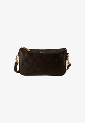 Bolso bandolera Joop! de color marrón oscuro, con motivos florales y letras en relieve, herrajes dorados, cierre superior con cremallera y correa ajustable para el hombro.