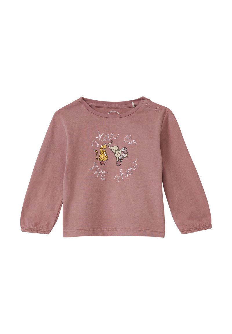 Lange mouwen, lichtroze katoenen shirt met een geborduurd ontwerp van dieren en de tekst "Ster van de show," met drukknoopdetails op de hals.