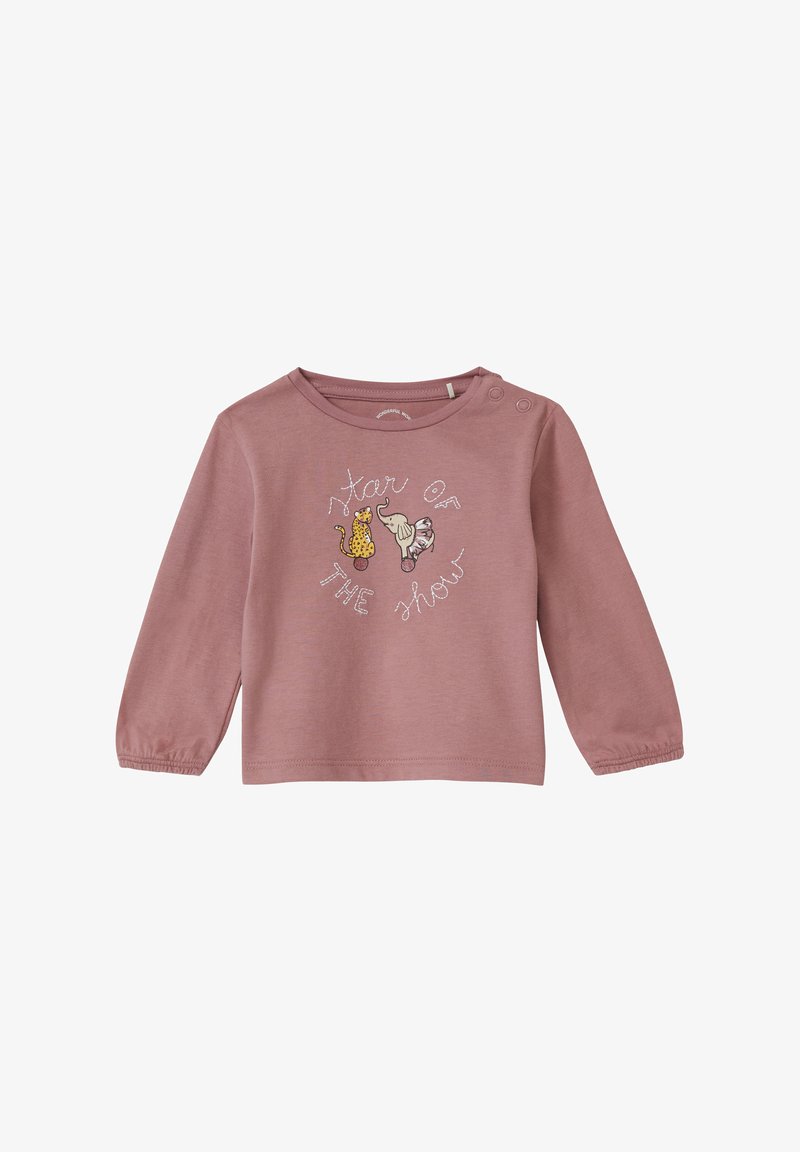 Lange mouwen, lichtroze katoenen shirt met een geborduurd ontwerp van dieren en de tekst "Ster van de show," met drukknoopdetails op de hals.