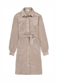 Vestido camisero de pana en taupe claro, con cuello de solapa, cierre de botones en la parte delantera, cintura ceñida con cinturón y mangas largas abullonadas con puños.