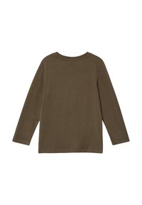 Langärmliges olivgrünes T-Shirt aus weicher Baumwolle, mit Rundhalsausschnitt und geradem Saum, der über minimale Nähte verfügt.