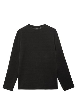 Pull à manches longues gris foncé en maille douce avec un col rond et un ourlet droit, présentant un design simple et minimaliste.