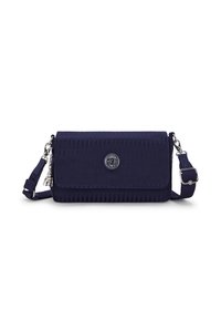Borsa a tracolla blu navy con design a strisce testurizzate, chiusura a patta magnetica e dettagli in metallo argentato. Inclusa tracolla regolabile.