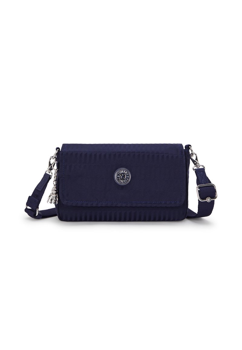 Borsa a tracolla blu navy con design a strisce testurizzate, chiusura a patta magnetica e dettagli in metallo argentato. Inclusa tracolla regolabile.