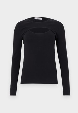 Top negro de manga larga con un detalle de corte horizontal en forma de escote redondo a la altura del pecho superior, cuello redondo y silueta ajustada.