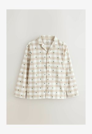 Button-up shirt in beige and white checkered pattern, featuring small green trees, long sleeves, and a classic collar. Cotton material.