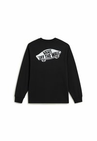 Schwarzes Langarmshirt mit einem großen weißen "VANS 'OFF THE WALL'" Grafik auf dem Rücken, mit Rundhalsausschnitt und gerippten Bündchen.