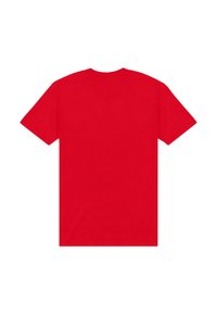 Rød bomulds T-shirt med rund hals og korte ærmer. Glat tekstur og ensfarvet, uden synlige grafikker eller mønstre.