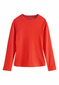 Long-sleeve red cotton t-shirt with a round neckline and ribbed texture. Simple design with no additional patterns or accents.