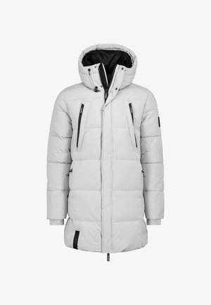 Light grey puffer jacket with a hood, featuring black zippers, elastic cuffs, and a logo detail on the left arm. Soft padded texture.