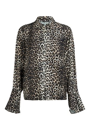 Leopardprint-shirt van lichtgewicht stof, met een klassieke kraag, knoopsluiting aan de voorkant, lange mouwen met uitlopende manchetten en zwarte accenten.