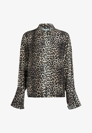 Koszula w wzór panterki z lekkiego materiału, z klasycznym kołnierzykiem, zapinana na guziki z długimi rękawami i rozkloszowanymi mankietami oraz czarnymi akcentami.