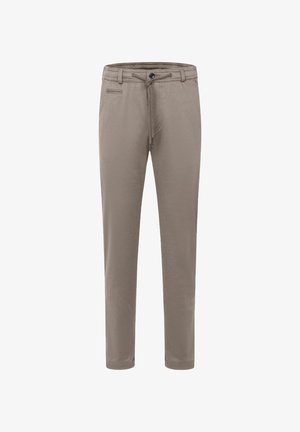 Beige Hosen mit Kordelzugbund, seitlichen Taschen, schmal zulaufendem Beinschnitt, aus weichem Material, mit glatter Textur und minimalen Details.