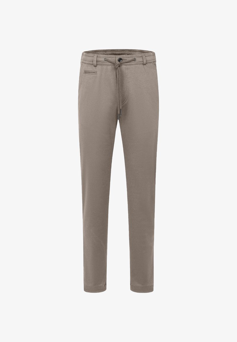 Beige trousers with a drawstring waist, side pocket, tapered leg design, made from soft fabric, featuring a smooth texture and minimal detailing.