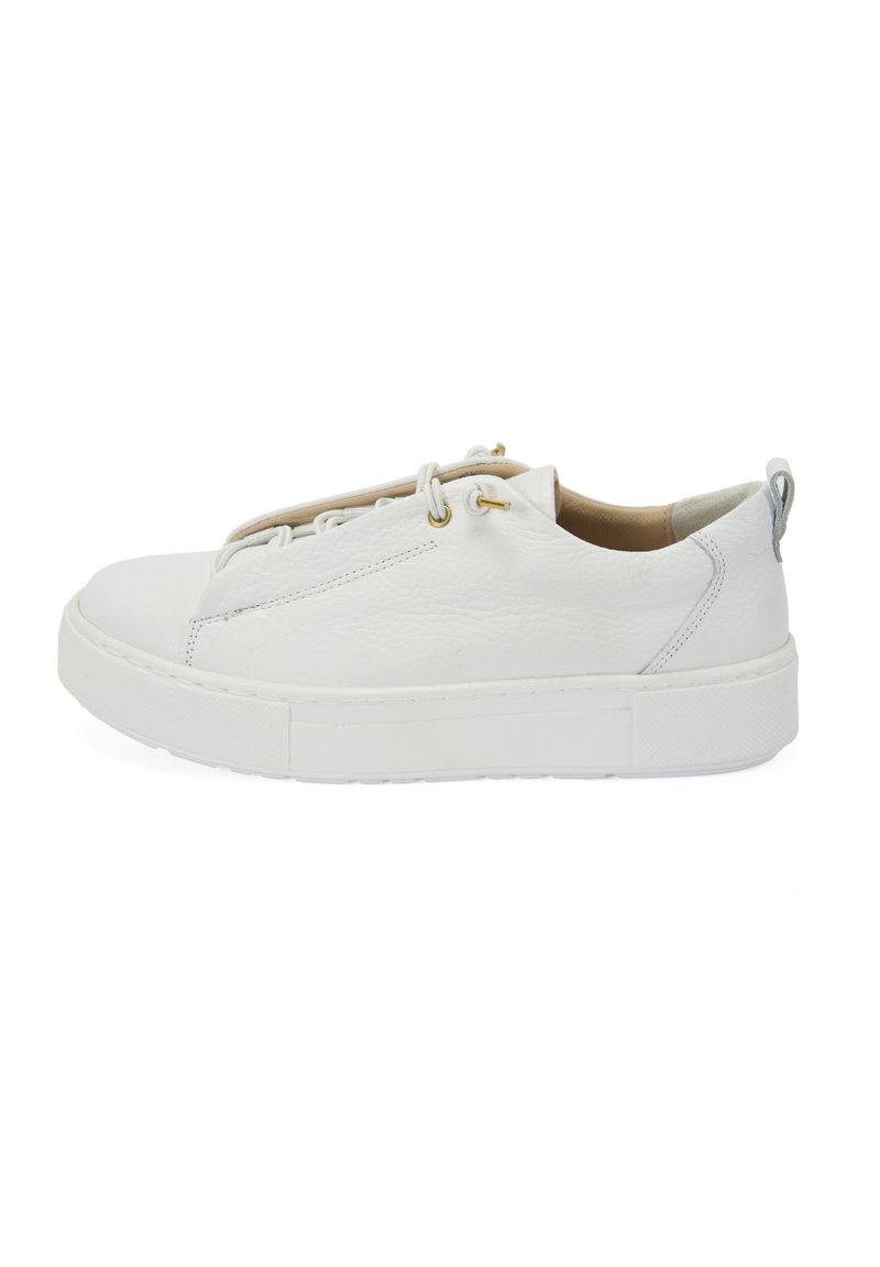Weiße Leder-Sneaker mit glatter Textur, flacher Sohle, runder Zehenpartie und goldenen Ösen. Verfügt über eine dezente Zuglasche an der Rückseite für ein einfaches Anziehen.