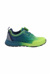 Grüner und marineblauer Sportschuh mit strukturiertem Obermaterial, abgerundetem Zehenbereich, Gummisohle und seitlichem Mesh-Einsatz. Verfügt über ein schnelles Schnürsystem.