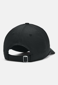 Black cap with a structured body, smooth fabric, curved visor, and adjustable strap at the back featuring a metallic buckle.