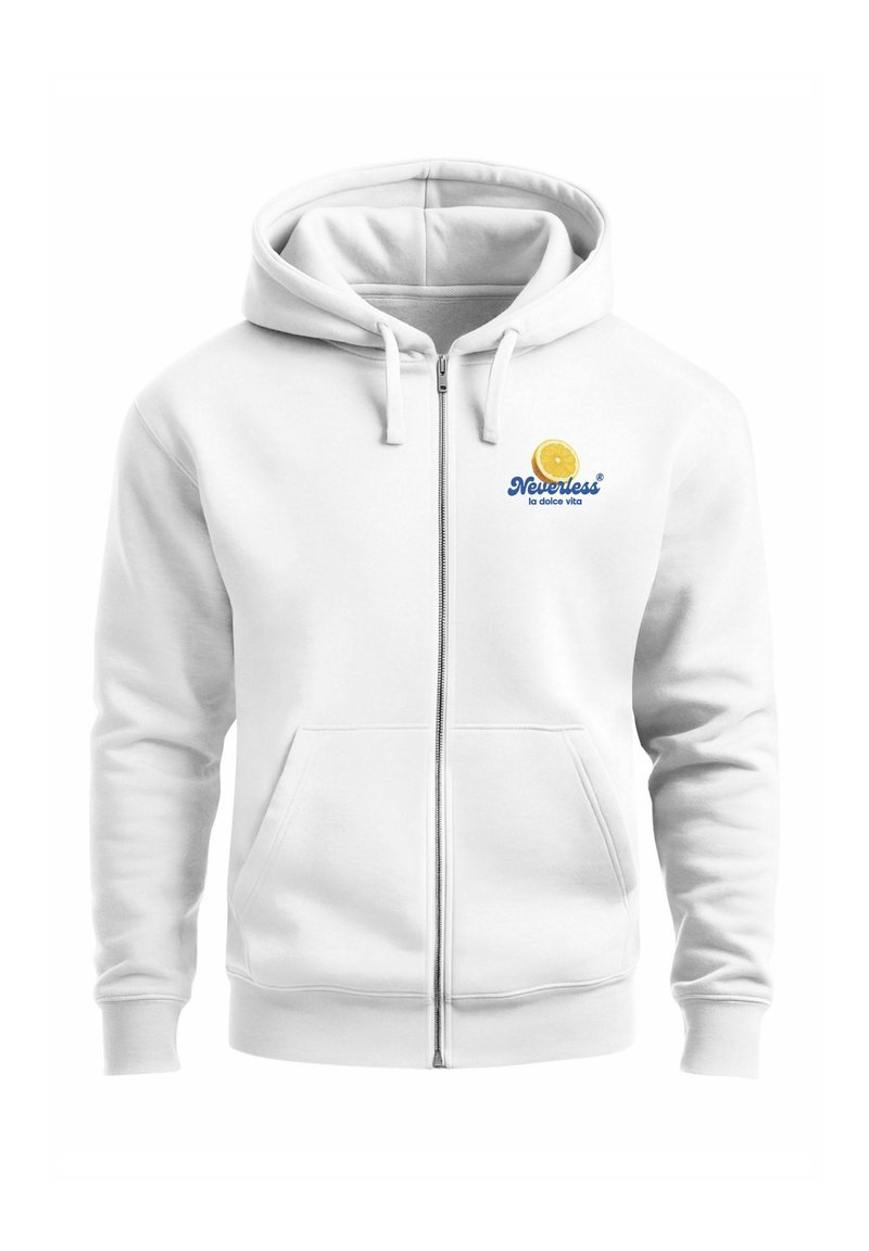 Weißer Reißverschluss-Hoodie mit weicher Textur. Besitzt eine Fronttasche, eine Kordelzugkapuze und ein kreisförmiges, gelbes Zitronen-Graphic mit blauer Schrift.