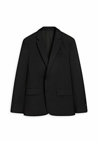 Zwarte blazer gemaakt van sleek stof; voorzien van een paspelkraag, twee voorzakken en een enkele knoopsluiting. Zachte textuur en getailleerde pasvorm.