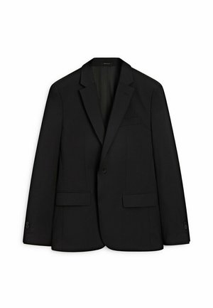 Black blazer made from sleek fabric; features a notched lapel, two front pockets, and a single button closure. Smooth texture and tailored fit.