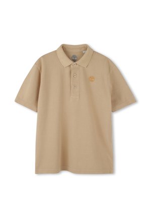 Polo en coton beige avec des manches courtes, patte de boutonnage à trois boutons et un petit logo orange sur la poitrine gauche. Design lisse et décontracté.