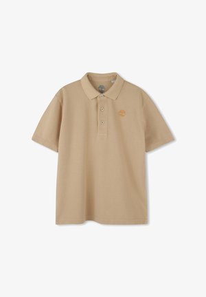 Polo shirt in cotone beige con maniche corte, patta con tre bottoni e piccolo logo arancione sul lato sinistro del petto. Design semplice e informale.
