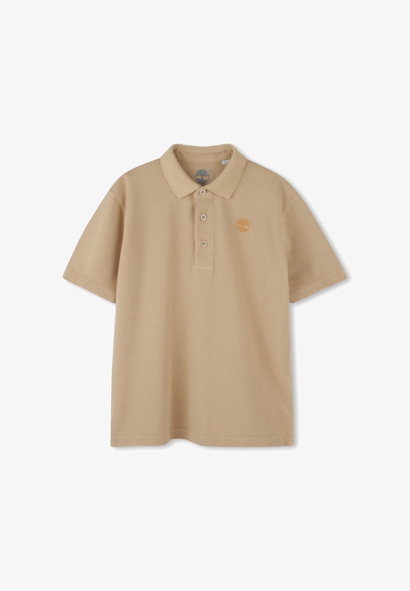 Polo shirt in cotone beige con maniche corte, patta con tre bottoni e piccolo logo arancione sul lato sinistro del petto. Design semplice e informale.
