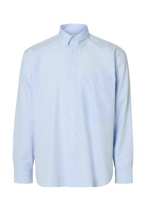 Light blue long-sleeve button-up shirt with white vertical stripes, a single chest pocket, and a classic collar. Smooth fabric texture.
