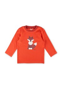 Helle orange Langarmshirts für Kleinkinder mit einem lächelnden Cartoon-Fuchs, der eine fluffige weiße Brust und eine weiße Schwanzspitze auf der Vorderseite hat.
