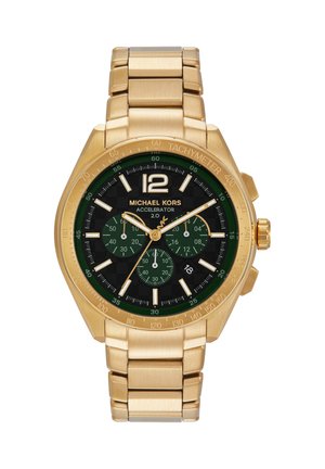 Reloj cronógrafo de hombre Michael Kors con tono dorado, esfera negra y verde, bisel taquimétrico, tres subesferas y ventana de fecha a las 4 en punto.