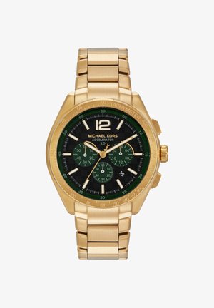 Męski zegarek chronograf Michael Kors w złotym odcieniu z czarną i zieloną tarczą, bezelem tachymetru, trzema subtarczami oraz wyświetlaczem daty na godzinie 4.