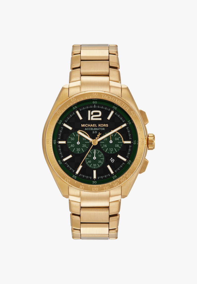 Pánske chronografové hodinky Michael Kors v zlatej farbe s čiernym a zeleným ciferníkom, tachymetrickou lunetou, tromi subciferníkmi a zobrazením dátumu na pozícii 4 hodiny.