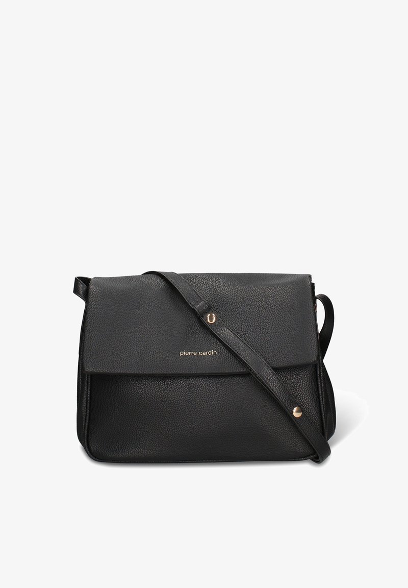 Borsa a tracolla in pelle nera con finitura testurizzata, chiusura a patta, dettagli dorati e tracolla regolabile. Nome del marchio visibile sul davanti.