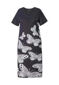 Schwarzes Kleid mit V-Ausschnitt und kurzen Ärmeln, das ein weißes Schmetterlingsmuster aufweist, das in der Größe über den Stoff variiert.