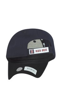 Navy baseball cap featuring a flat brim, gray underbill, and a white tag with "RED SOX" logo and red detailing on the back.