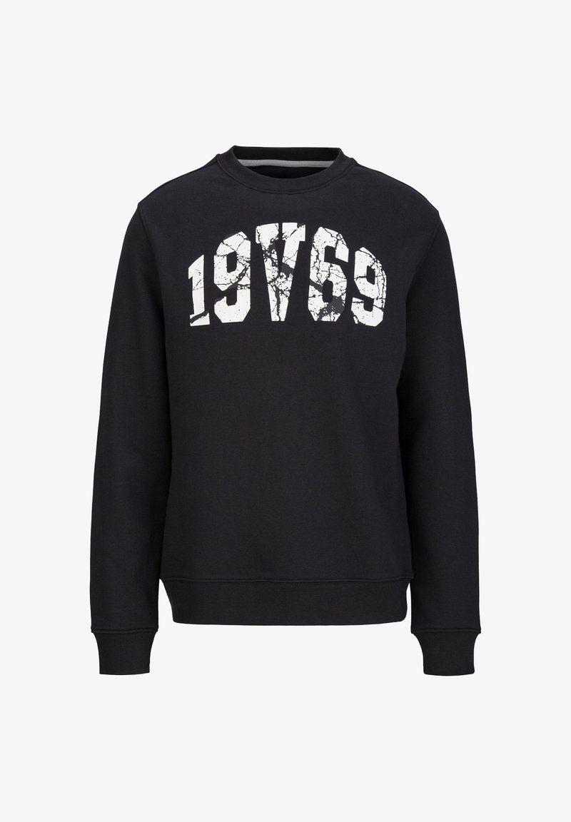 Zwarte sweatshirt met ronde hals, voorzien van een grote, gebarsten witte print van de cijfers "19769" op de voorkant. Lange mouwen en geribbelde manchetten.