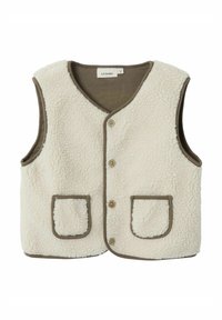 Gilet en polaire crème avec un col en V, fermeture à boutons et finitions brun contrastant. Comprend deux poches avant avec des bords arrondis.