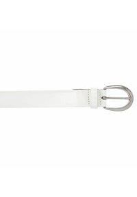 Cintura in pelle bianca con una finitura liscia, dotata di una fibbia in metallo argentato. Design minimalista, forma retta e senza motivi visibili.