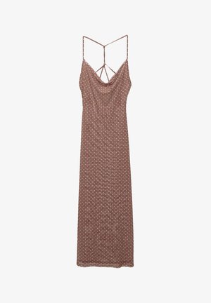Brown polka dot dress with a draped neckline, thin straps, and a strappy back design, made from a lightweight fabric.