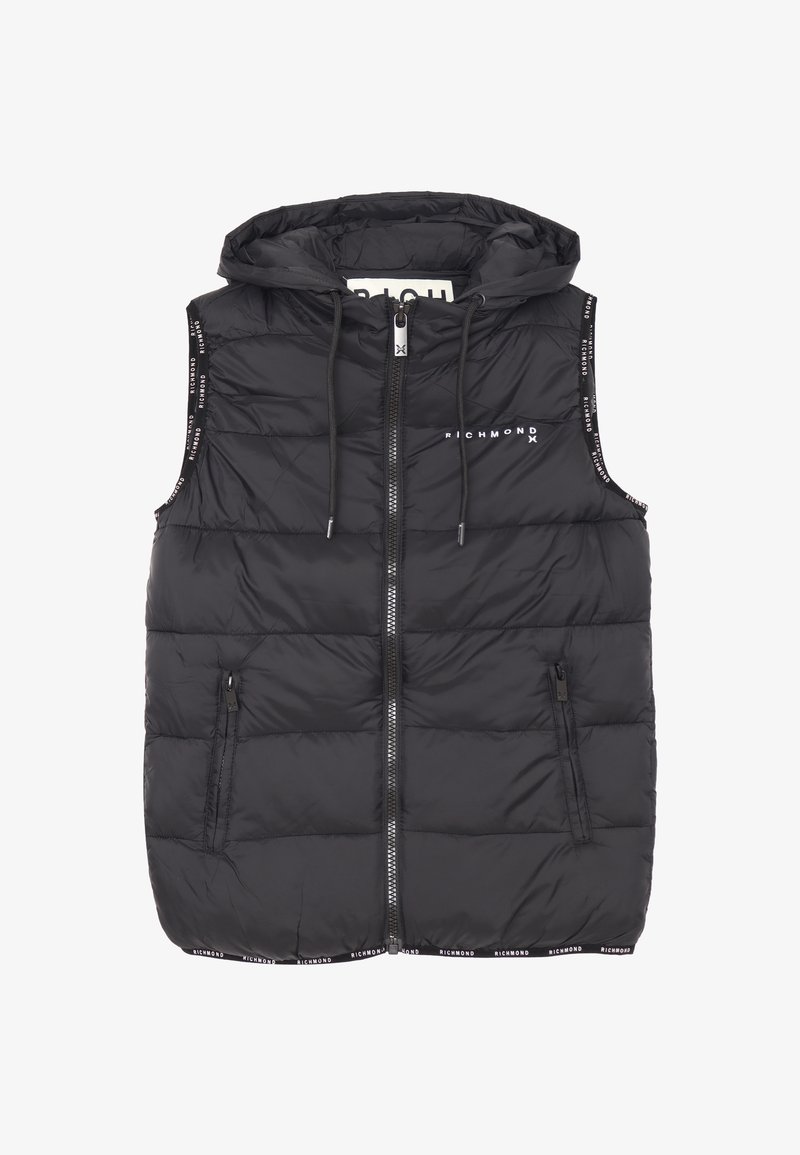 Gilet invernale nero con cappuccio, chiusura con zip, tasche laterali e logo lungo le aperture delle maniche. Realizzato in materiale trapuntato, lucido e resistente all'acqua.