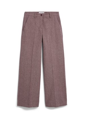 Wijde broek in een gestructureerde, bordeauxrode stof. Voorzien van zijzakken en een knoopsluiting. Strak ontwerp met een getailleerde silhouette.