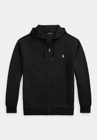 Schwarzer Kapuzenpullover mit Reißverschluss, Vorderentaschen, Kordelzugkapuze und kleinem weißen Polo Ralph Lauren Logo auf der linken Brust.