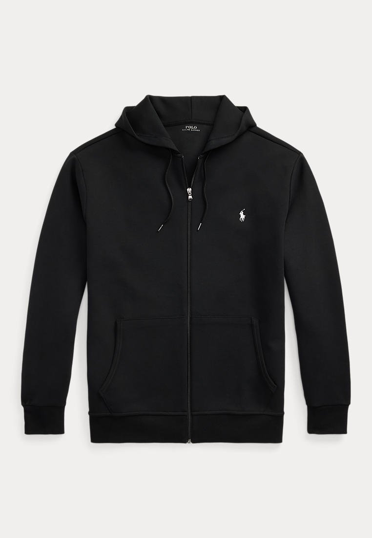 Sweat à capuche zippé noir avec poches avant, capuche à cordon et petit logo blanc Polo Ralph Lauren sur la poitrine gauche.