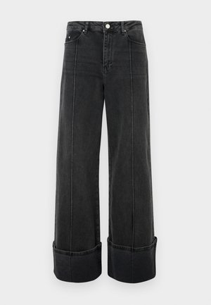 Schwarze Denim-Weite Jeans mit hoher Taille, ausgestattet mit einem Knopfverschluss, Vorderfächern und umgeschlagenen Säumen für einen markanten Look.