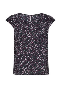 Blouse marine avec manches courtes en forme de capuchon, présentant un motif tacheté multicolore en rose et blanc. Encolure ronde avec détail d'œillet au dos.