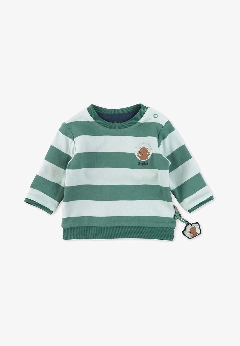 Pull pour bébé rayé vert et blanc avec un patch ours sur la poitrine et une attache-sucette assortie en forme d'ours.