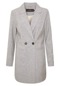 Szary, fakturowany żakiet o podwójnym zapięciu, z klapami wykroju, dwiema przednimi kieszeniami i ciemnymi guzikami. Wnętrze ozdobione jest plisowaną podszewką.