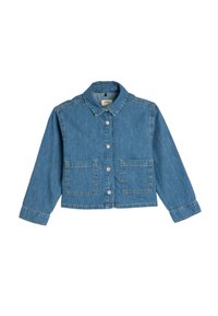 Ljusblå jeansjacka med krage, framknäppning med knappar och två stora fickor framtill. Långa ärmar.